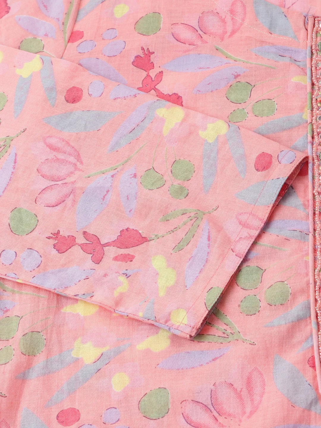 Jashvi Pink Floral Print Cotton  Kurta, Trouser With Dupatta