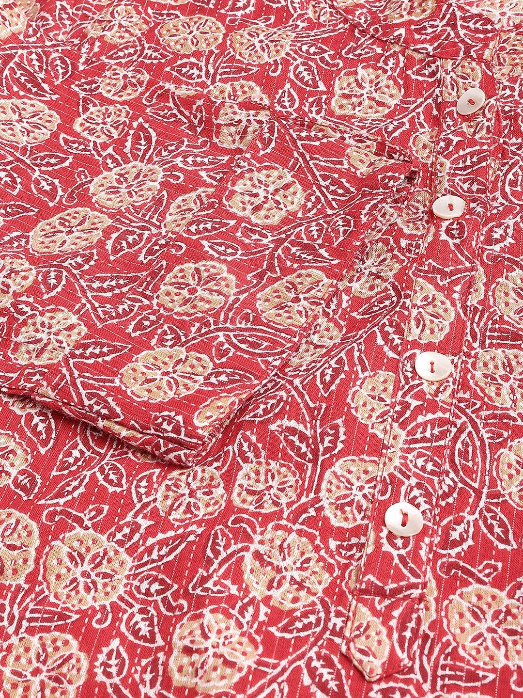 Jashvi Red and Beige Cotton Katha work Straight Kurta