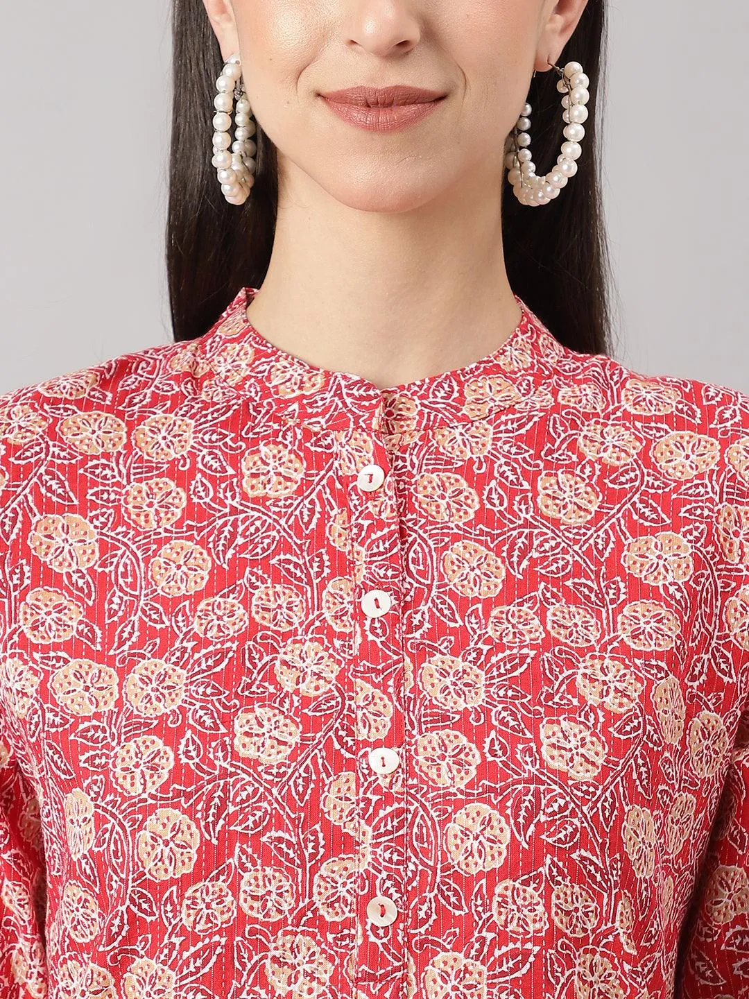 Jashvi Red and Beige Cotton Katha work Straight Kurta