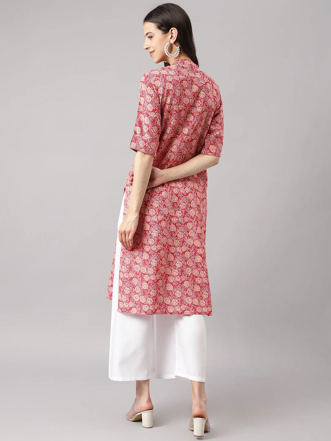Jashvi Red and Beige Cotton Katha work Straight Kurta