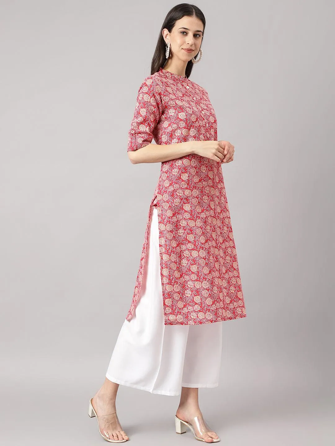 Jashvi Red and Beige Cotton Katha work Straight Kurta