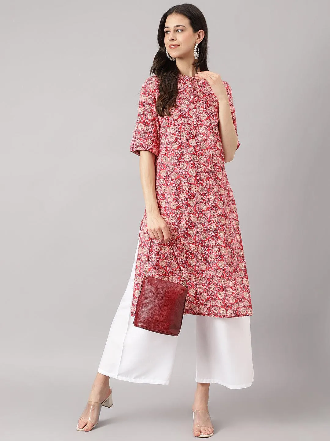 Jashvi Red and Beige Cotton Katha work Straight Kurta