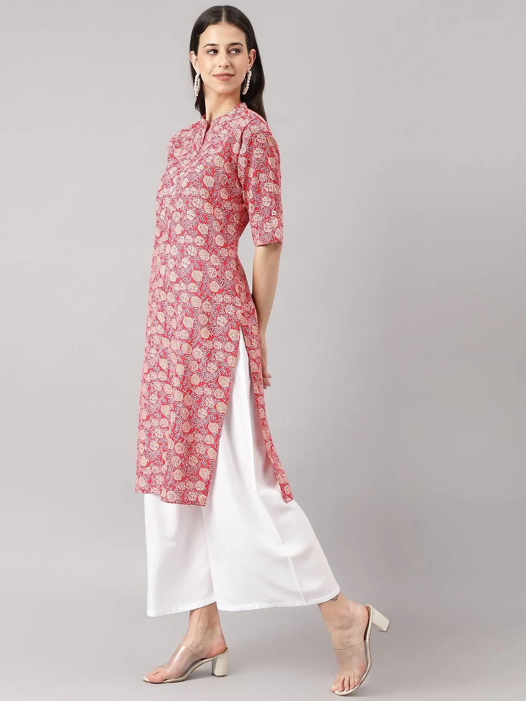 Jashvi Red and Beige Cotton Katha work Straight Kurta