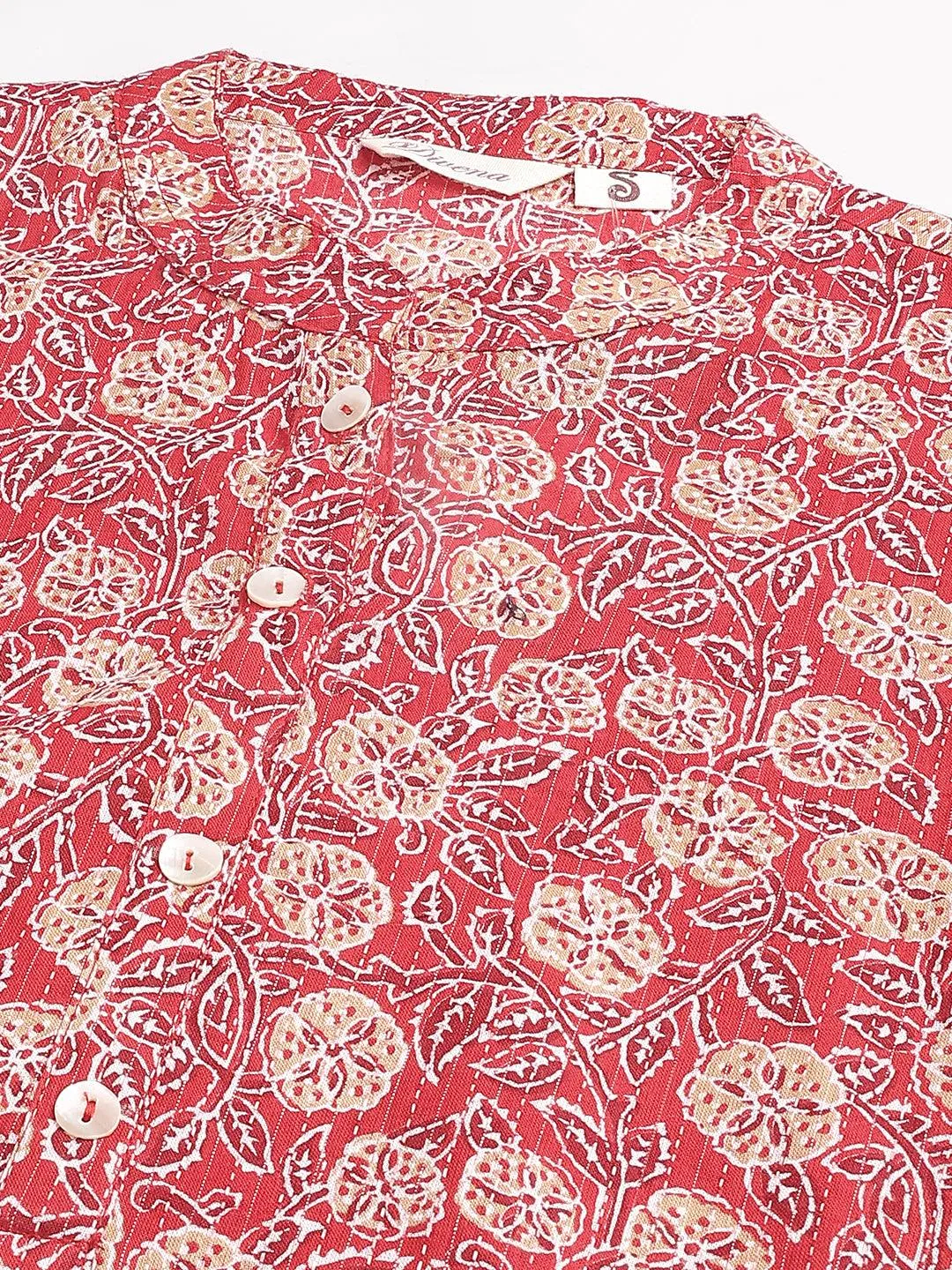 Jashvi Red and Beige Cotton Katha work Straight Kurta
