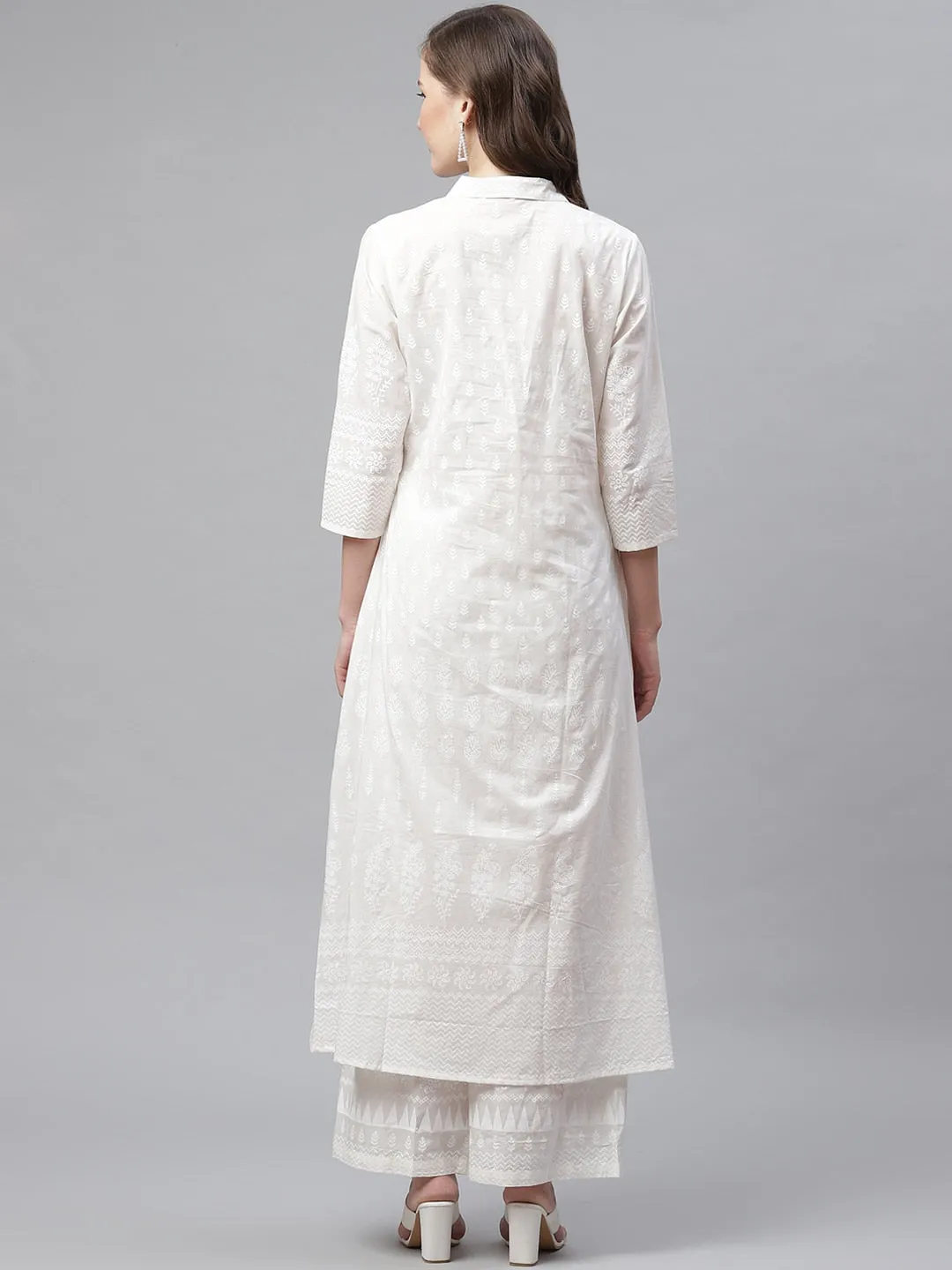 Jashvi White Khari Print Cotton Kurti With Palazzo Set