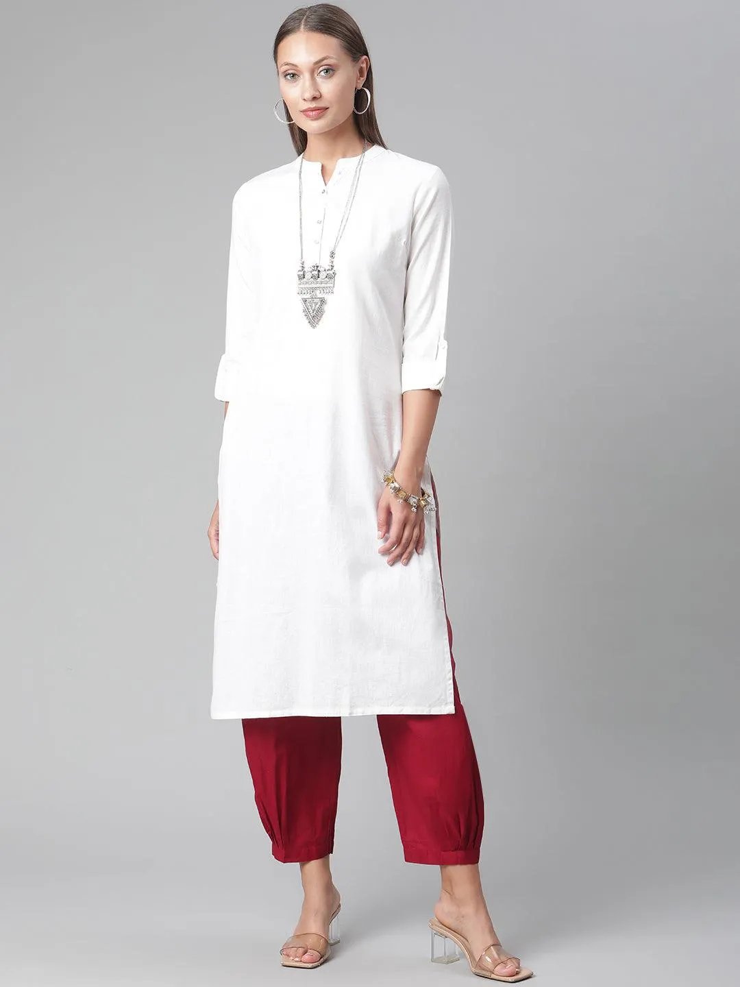 Jashvi White Solid Pure Cotton Straight Kurta