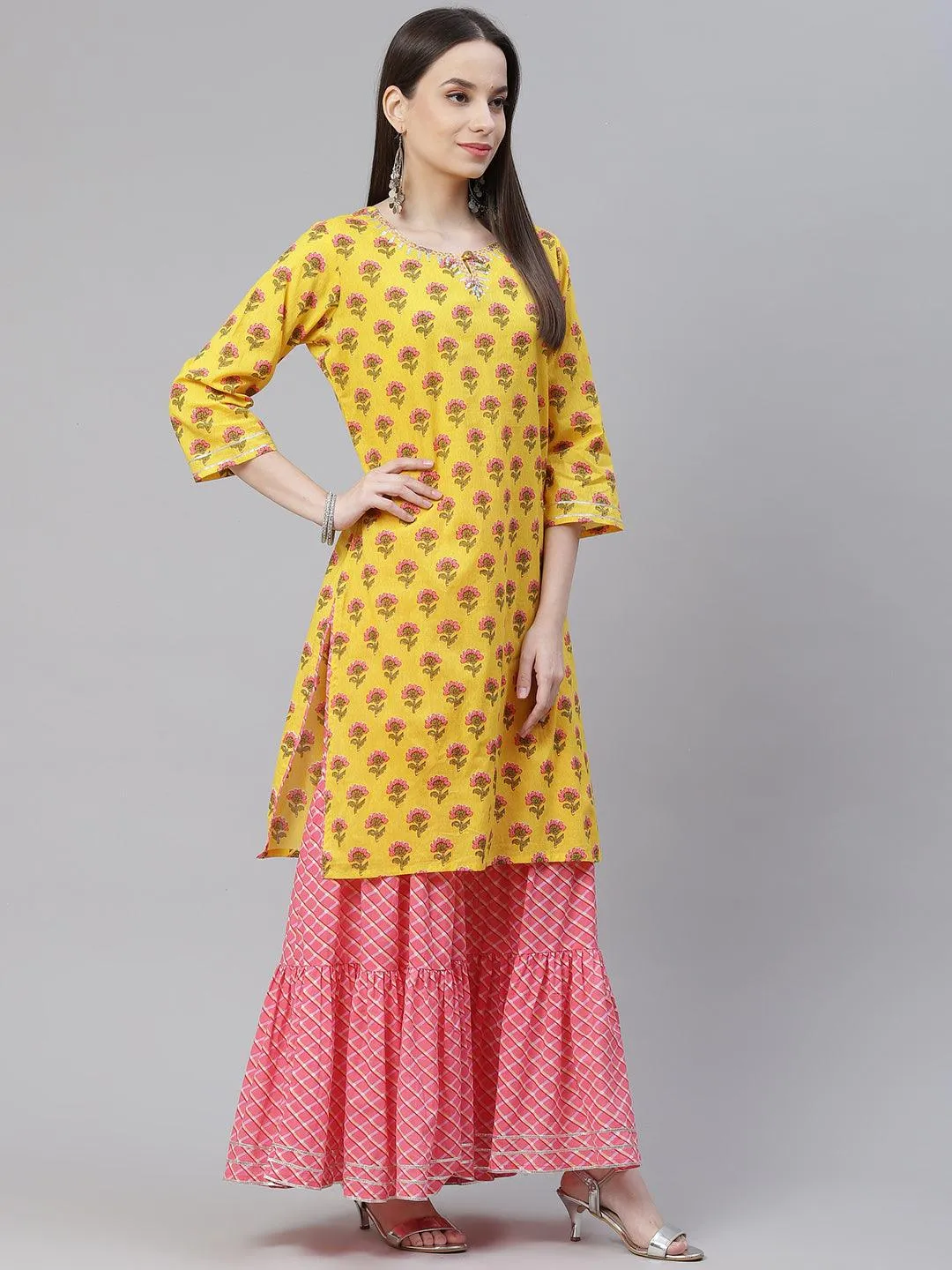 Jashvi Yellow Printed Kurta with Lahariya Sharara and Ruffled Dupatta Set