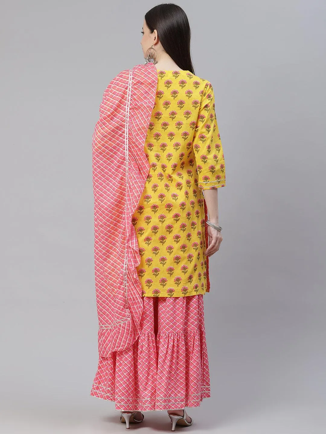 Jashvi Yellow Printed Kurta with Lahariya Sharara and Ruffled Dupatta Set