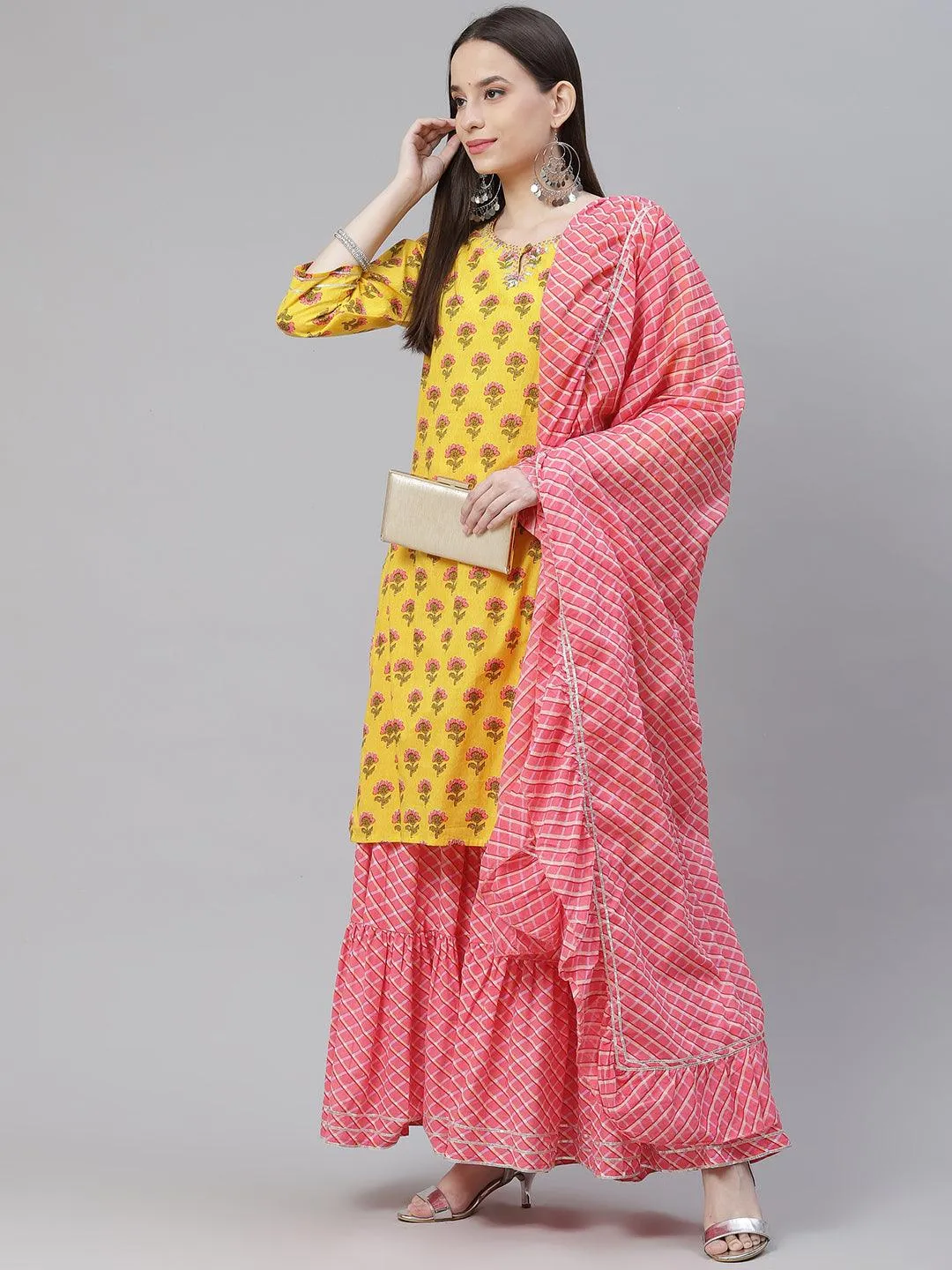Jashvi Yellow Printed Kurta with Lahariya Sharara and Ruffled Dupatta Set