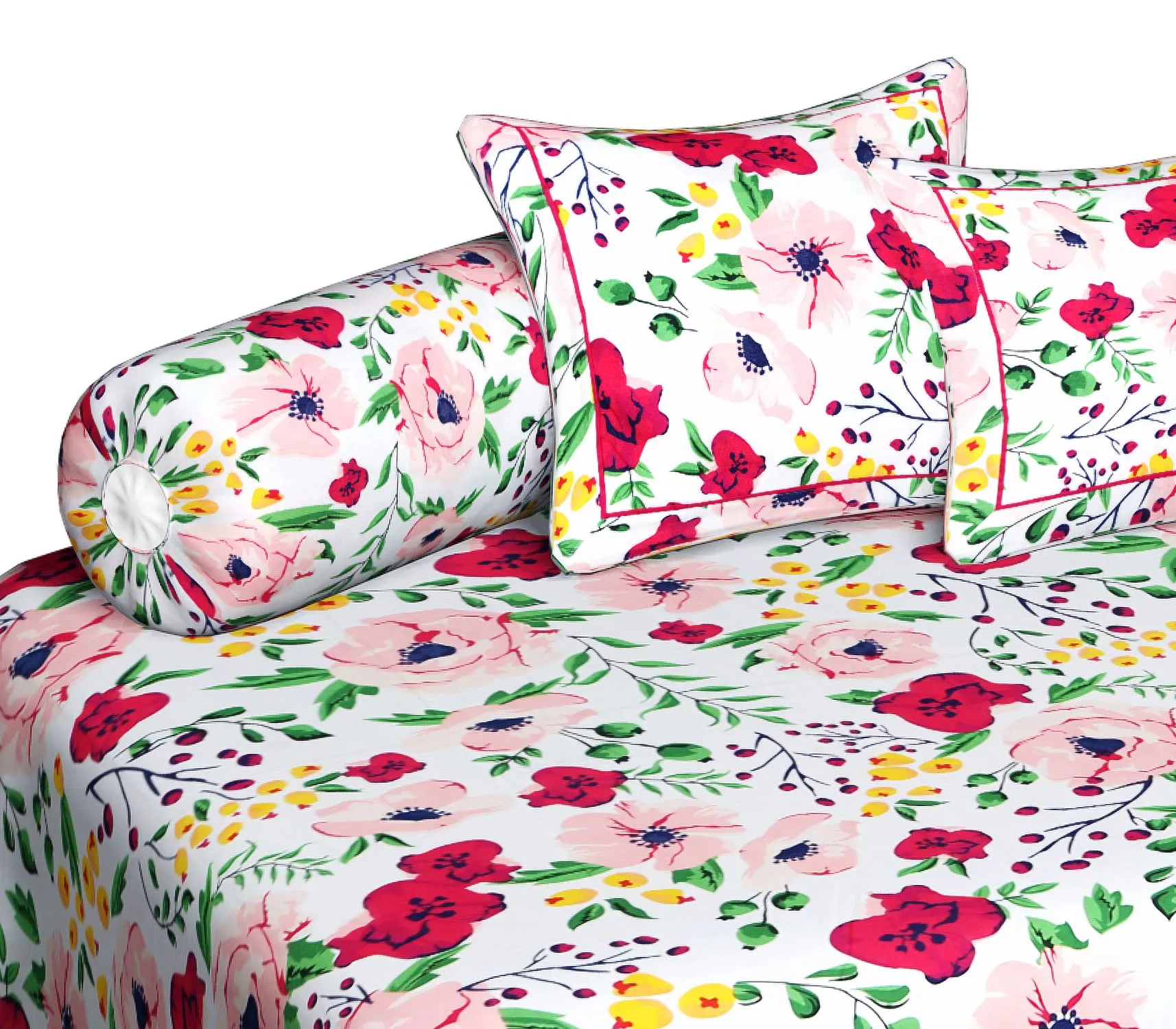 Kuber Industries Flower Printed 8 Pieces - 1 Single bedsheet with 5 Cushions Covers and 2 Bolster Covers Cotton Diwan Set (White & Pink)-44KM0176