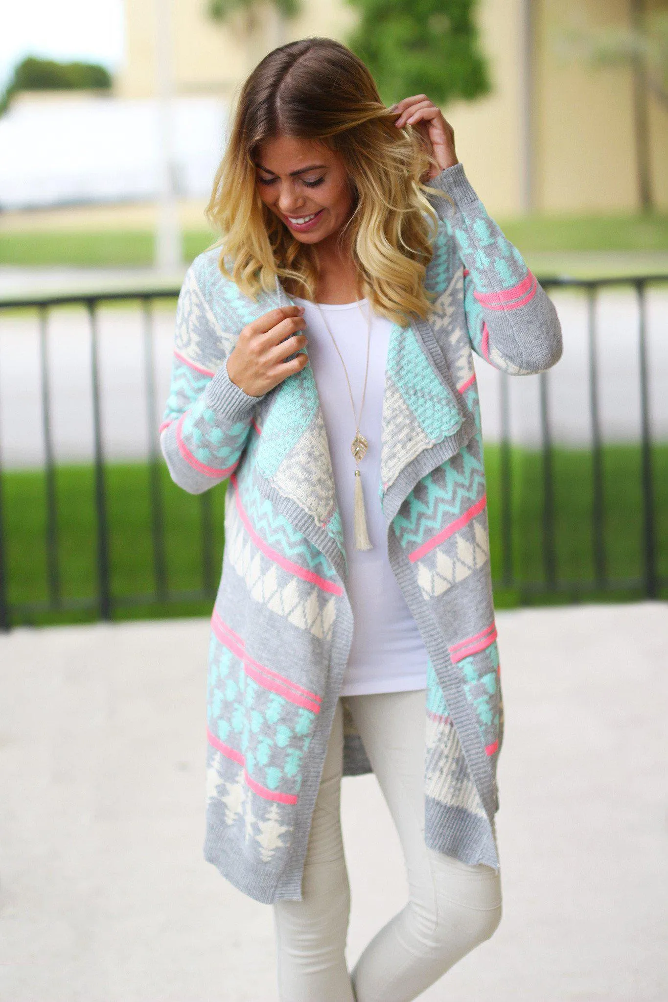 Mint And Gray Long Cardigan