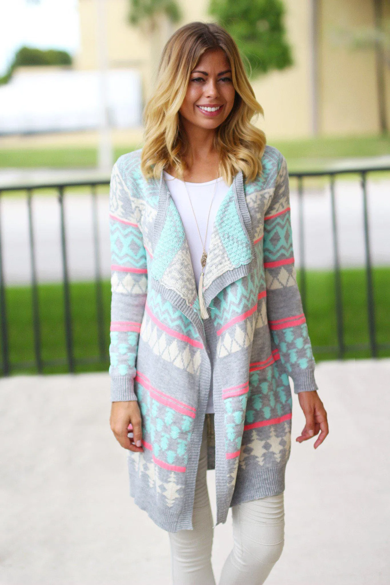 Mint And Gray Long Cardigan