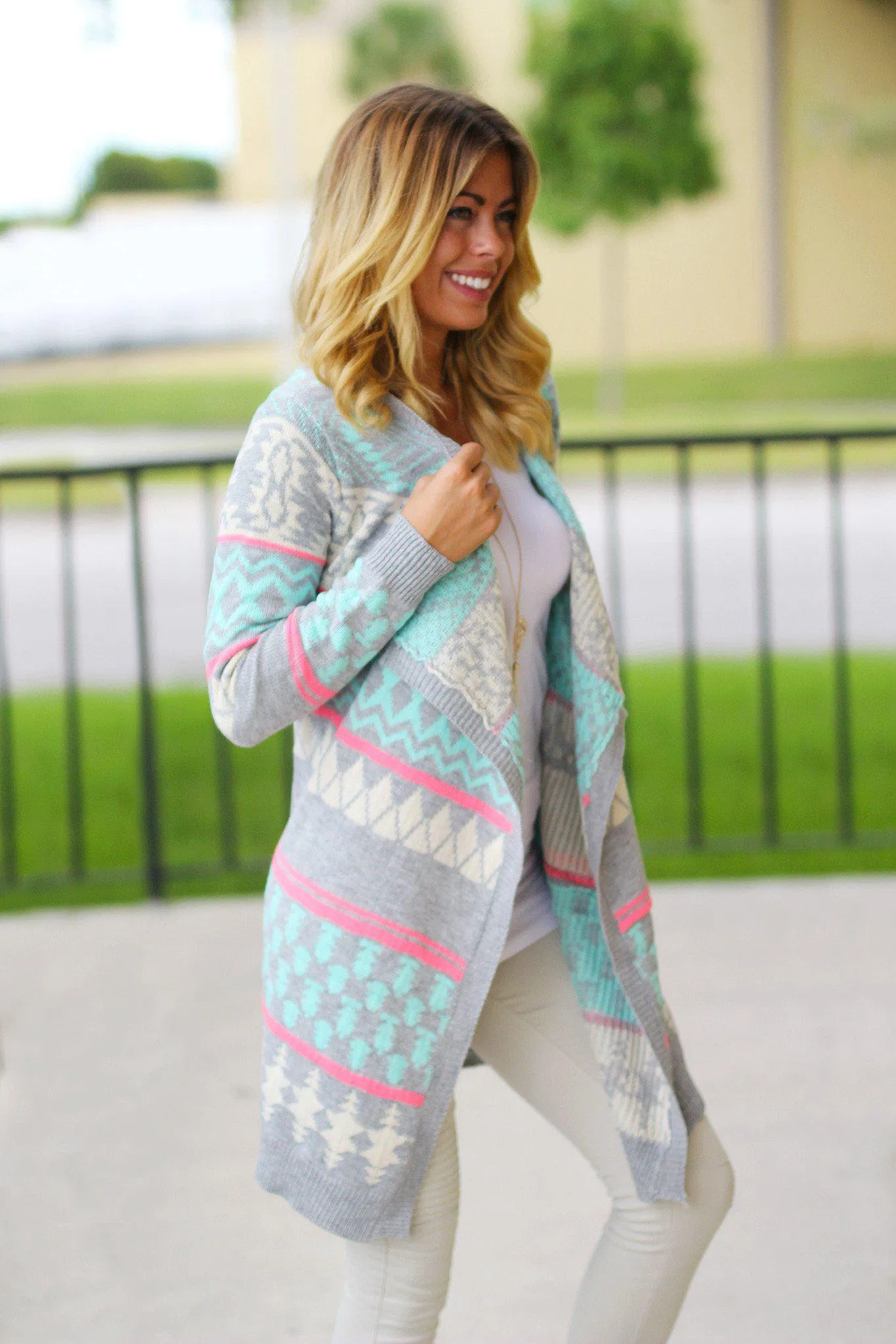 Mint And Gray Long Cardigan