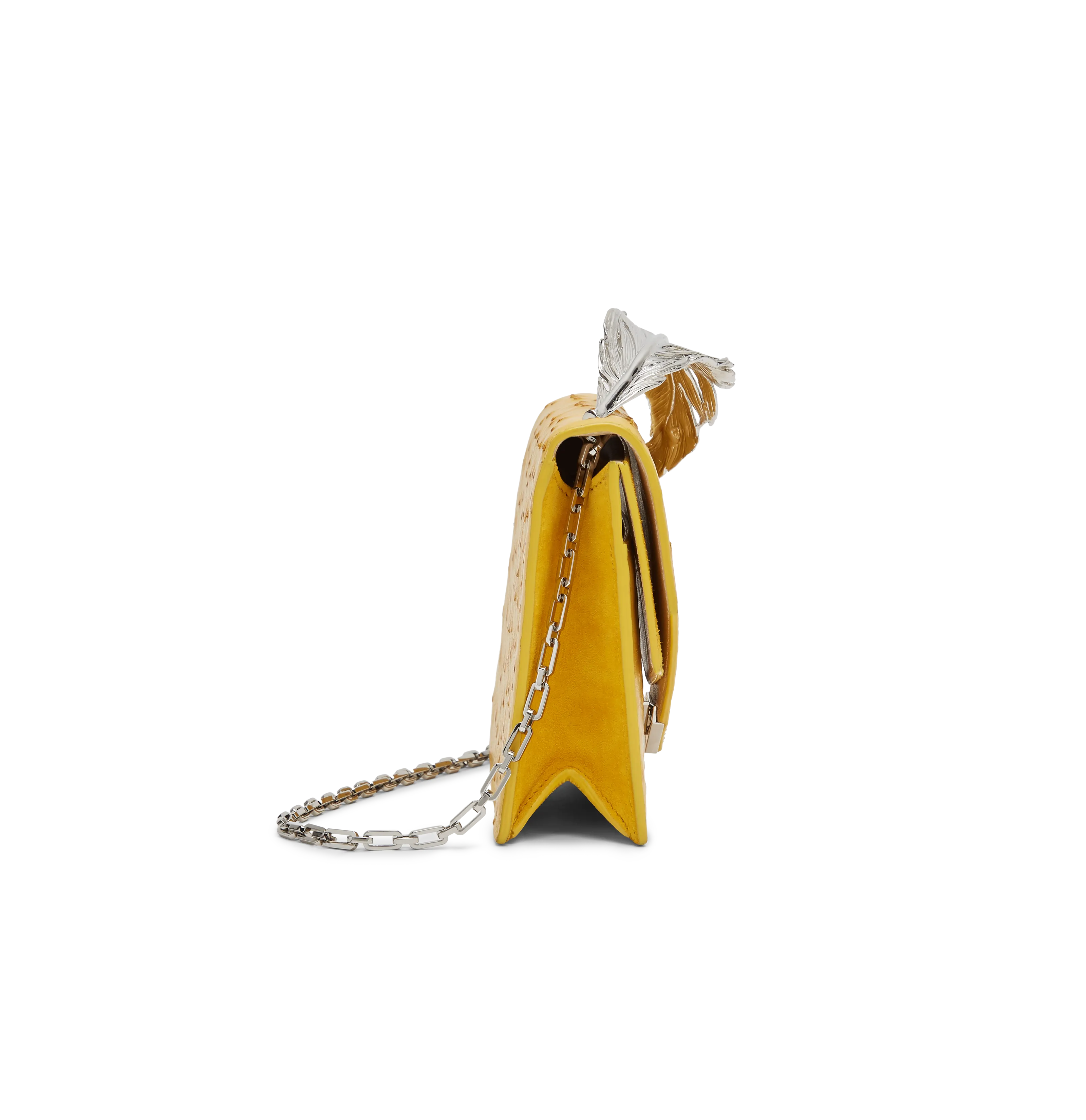 Mustard Ostrich and Suede With Silver Feather