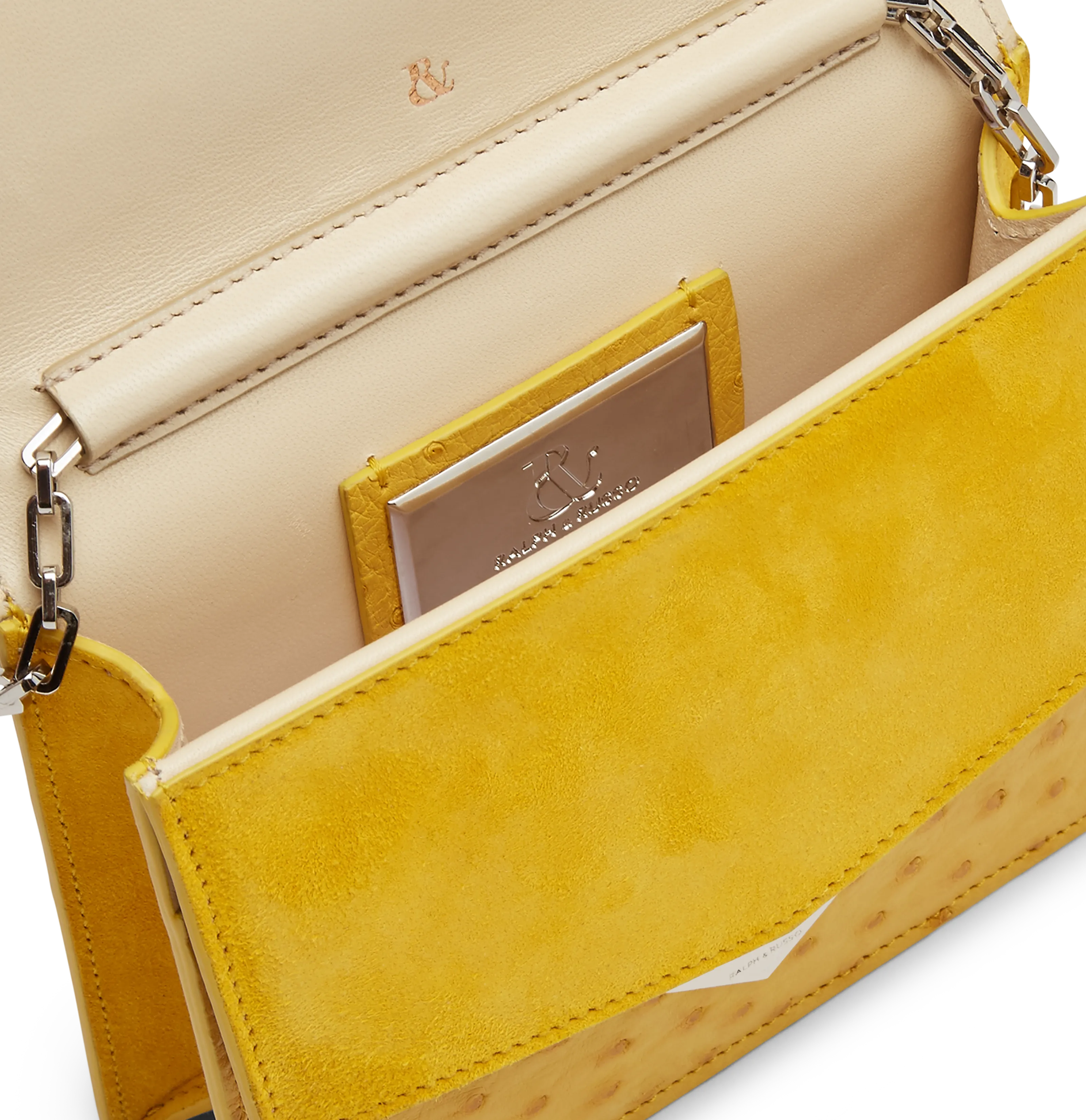 Mustard Ostrich and Suede With Silver Feather