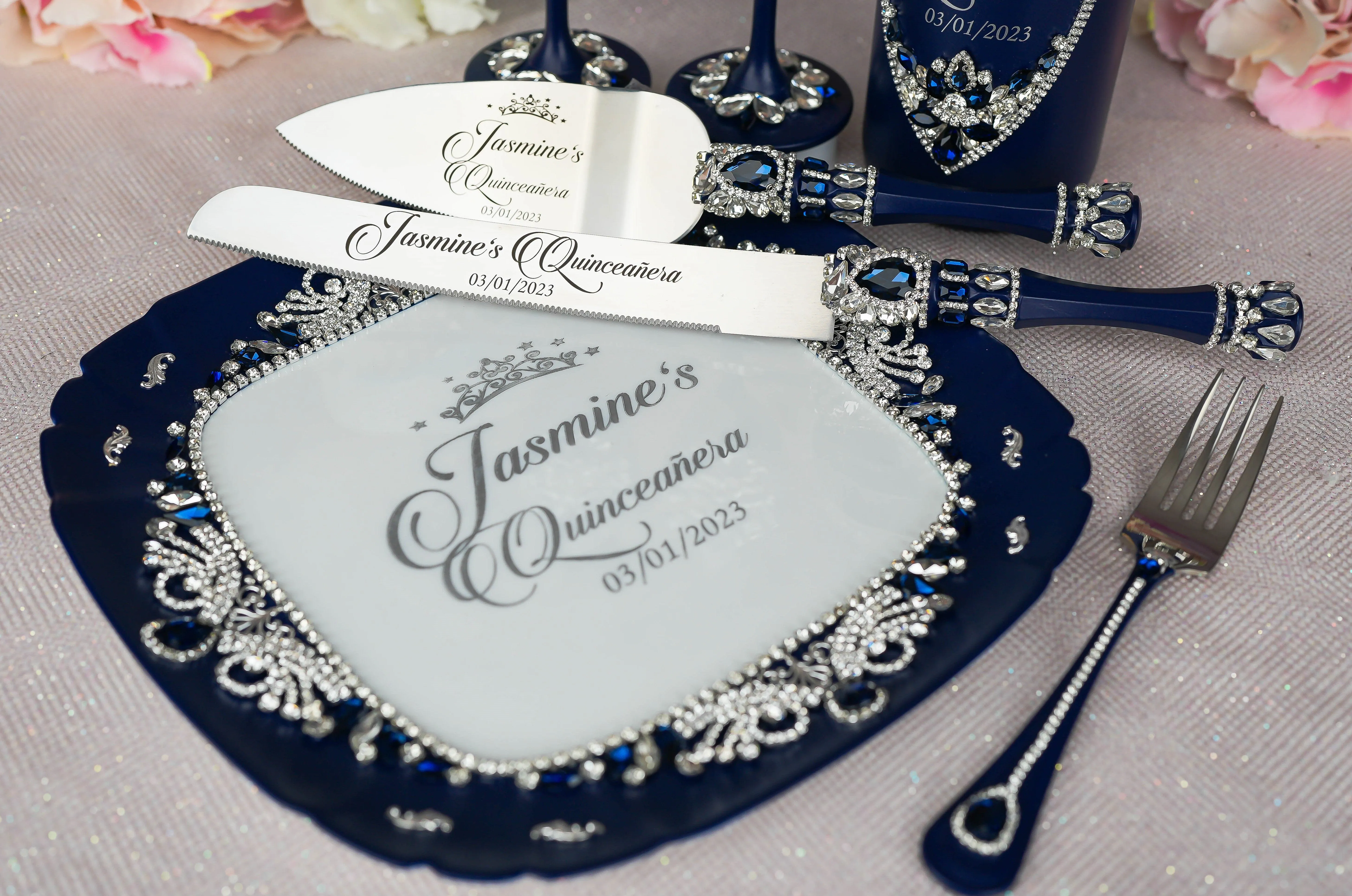 Navy Blue with silver quinceanera cake knife and server