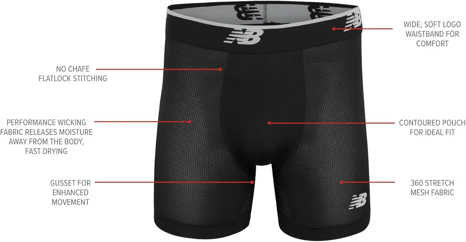 New Balance Men's Mesh Jersey Performance Wicking No Fly Boxer Briefs Underwear (4 Pack)