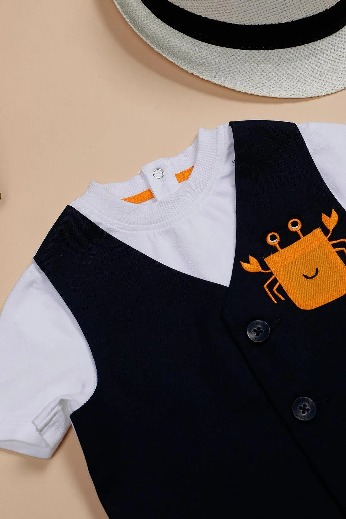 One Friday Baby Boys Navy Blue and White Cotton Round Neck Tee With Embroidered Waistcoat and Short
