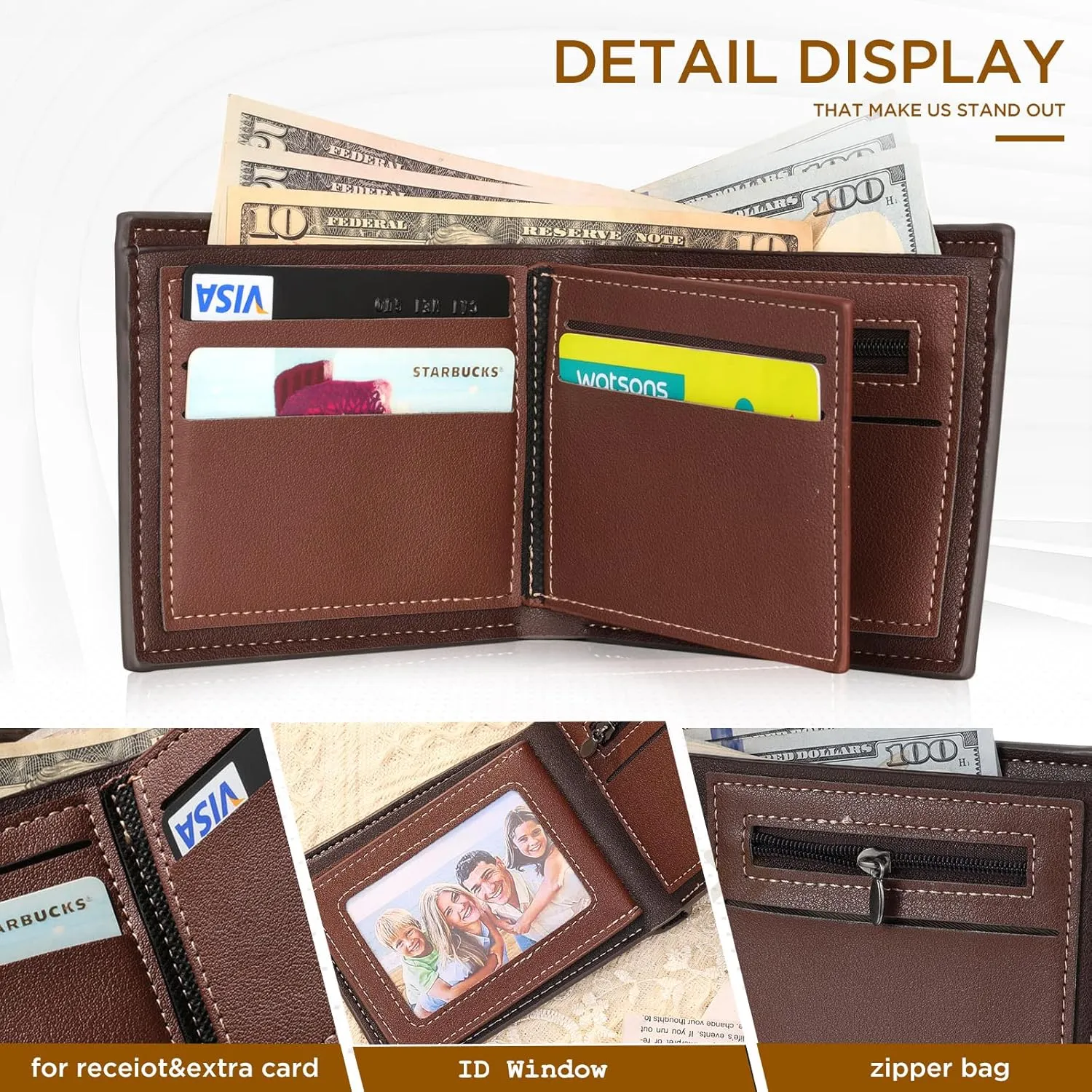 Personalized Photo Mens Wallets Leather: Custom Initial Name Bi-fold Wallet for Men Father - Men's wallets Wallet for Dad Boyfriend Grandpa Birthday Gift (Gray Photo Monogram)