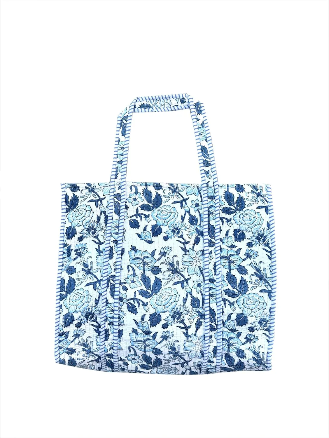 Quilted Cotton Handprinted Reversible Large multicolor Floral Tote Bag,Hand Block Print Shopping Shoulder Carry Bag