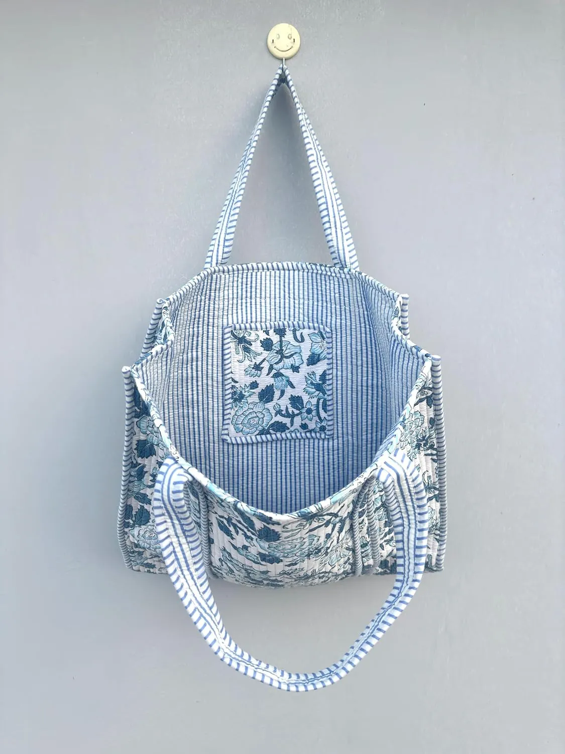 Quilted Cotton Handprinted Reversible Large multicolor Floral Tote Bag,Hand Block Print Shopping Shoulder Carry Bag