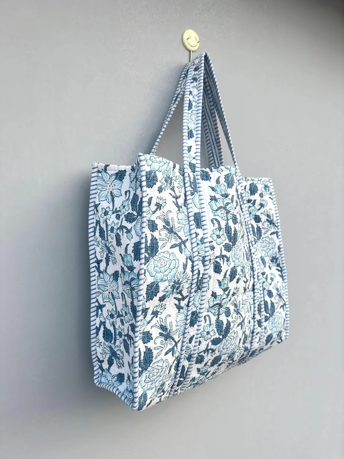 Quilted Cotton Handprinted Reversible Large multicolor Floral Tote Bag,Hand Block Print Shopping Shoulder Carry Bag
