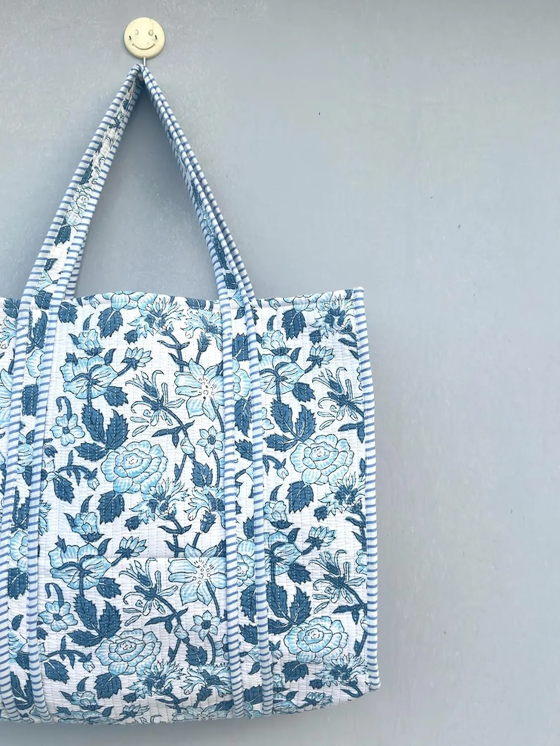 Quilted Cotton Handprinted Reversible Large multicolor Floral Tote Bag,Hand Block Print Shopping Shoulder Carry Bag