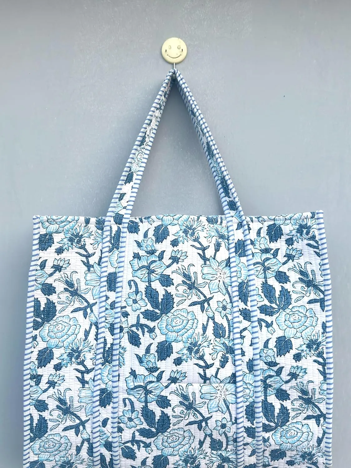 Quilted Cotton Handprinted Reversible Large multicolor Floral Tote Bag,Hand Block Print Shopping Shoulder Carry Bag