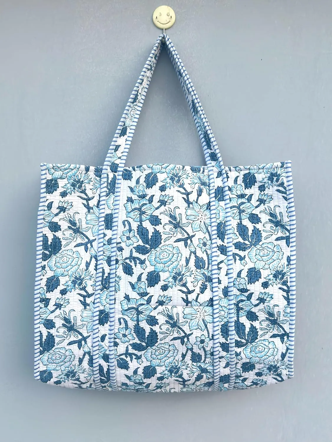 Quilted Cotton Handprinted Reversible Large multicolor Floral Tote Bag,Hand Block Print Shopping Shoulder Carry Bag