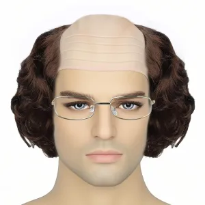 Short Curly Old Man Bald Cap Wig Mad Brown Scientist Synthetic Balding Halloween Anime Cosplay Costume Wigs