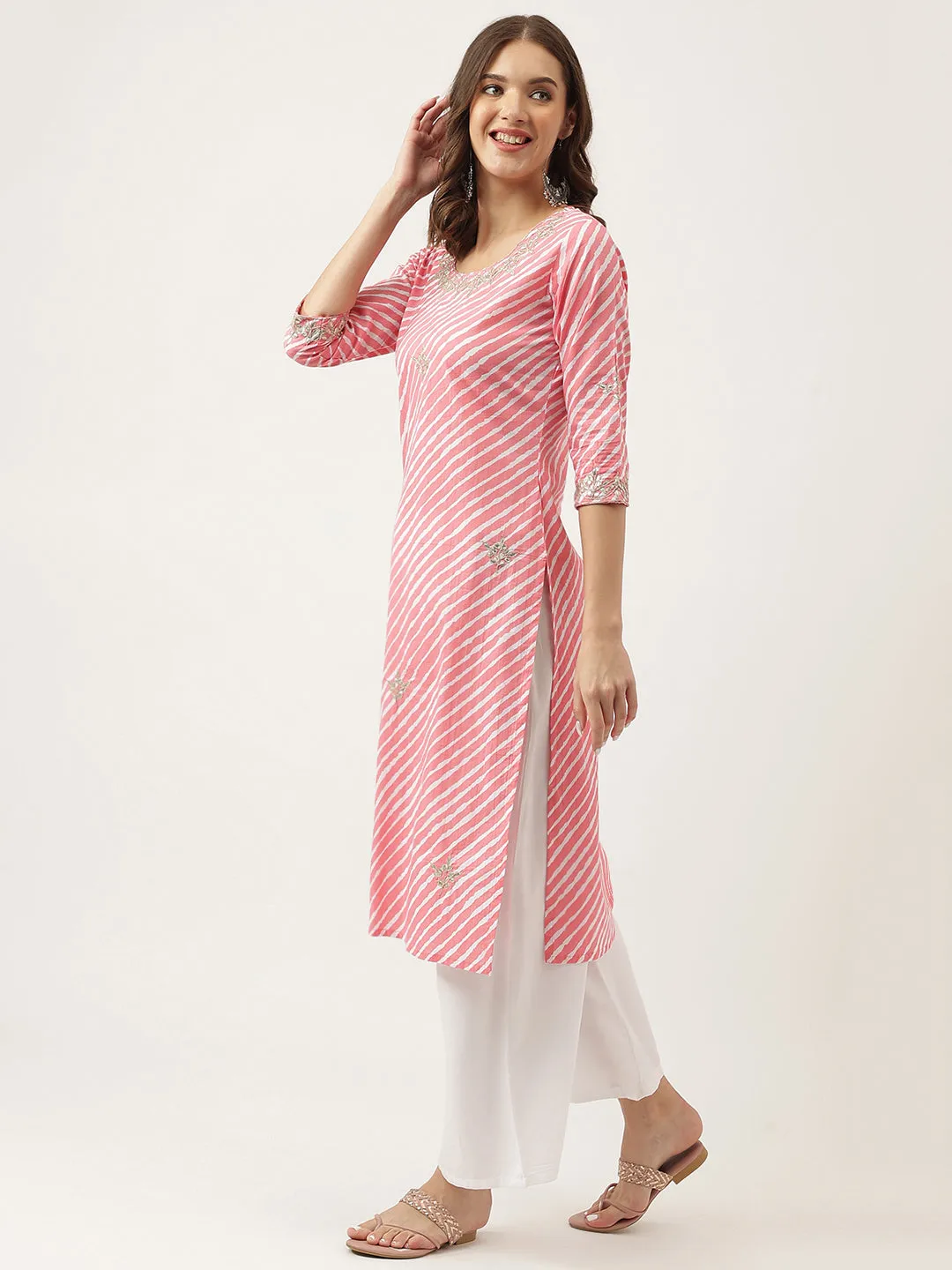Stripe Print With Gota Work Cotton Straight Kurta