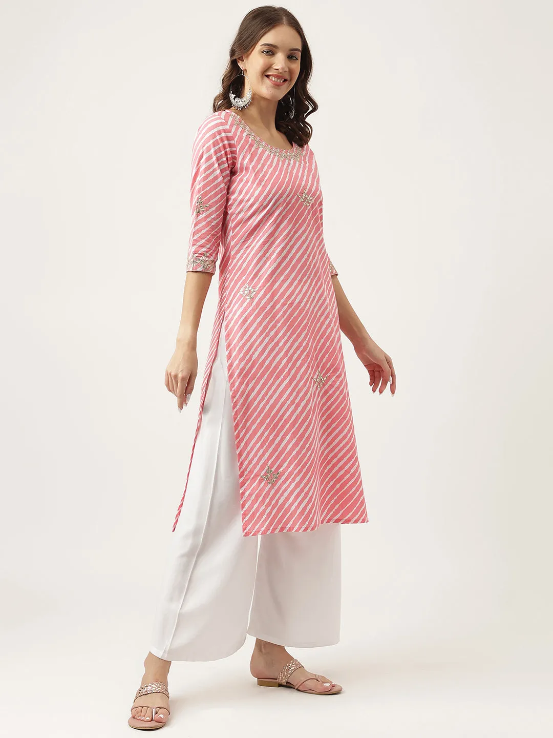 Stripe Print With Gota Work Cotton Straight Kurta