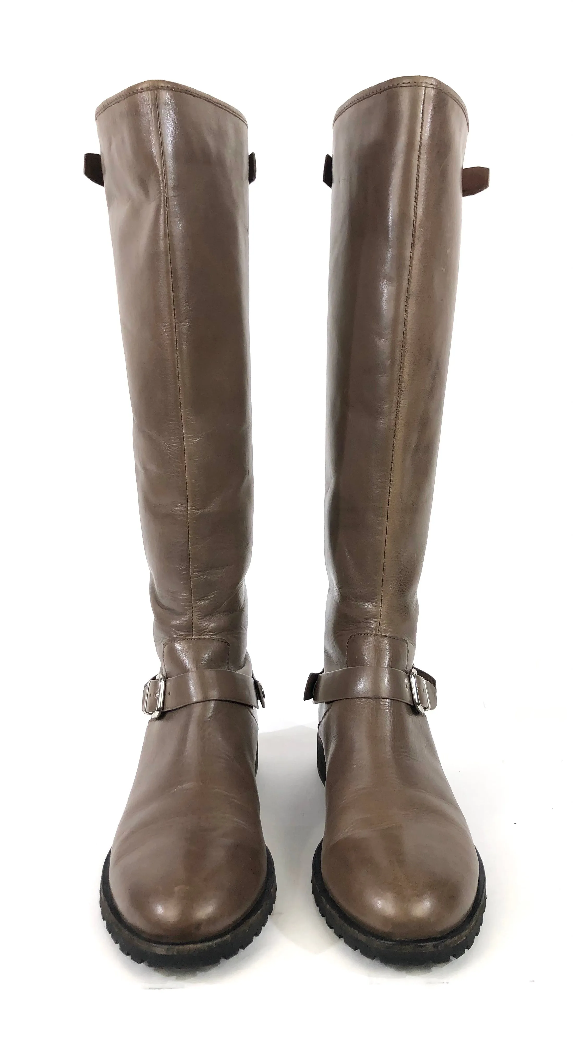 Taupe Burnished Calf Leather Riding Boots | Size 10
