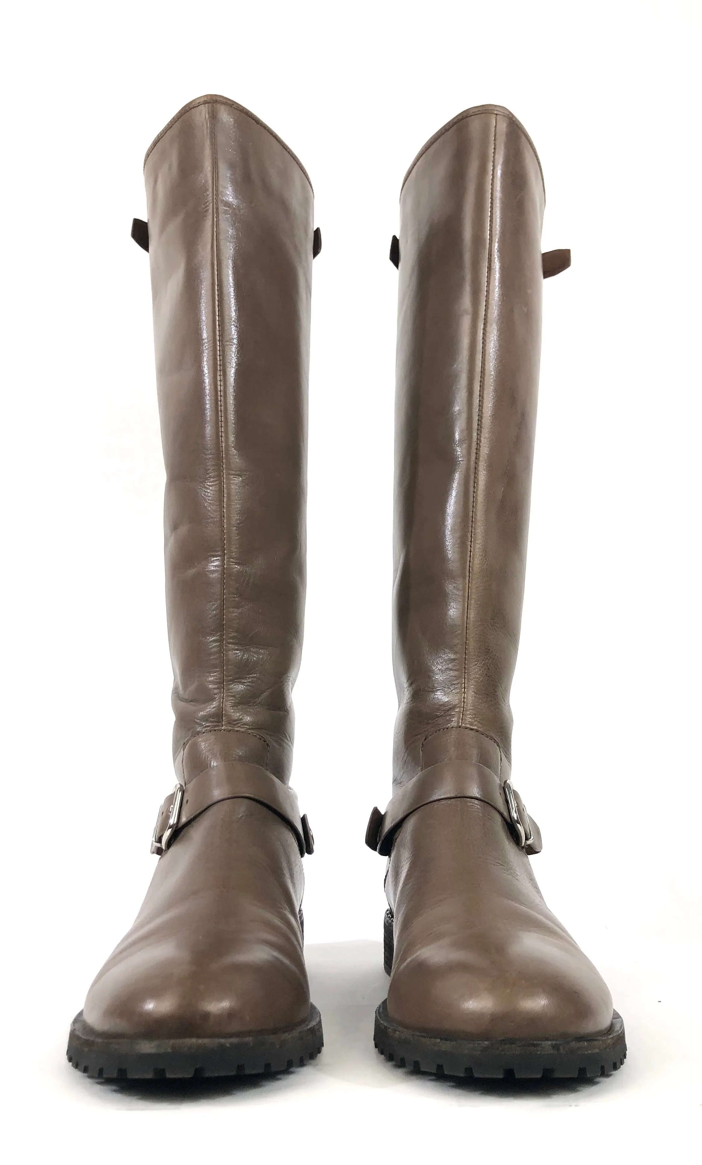 Taupe Burnished Calf Leather Riding Boots | Size 10