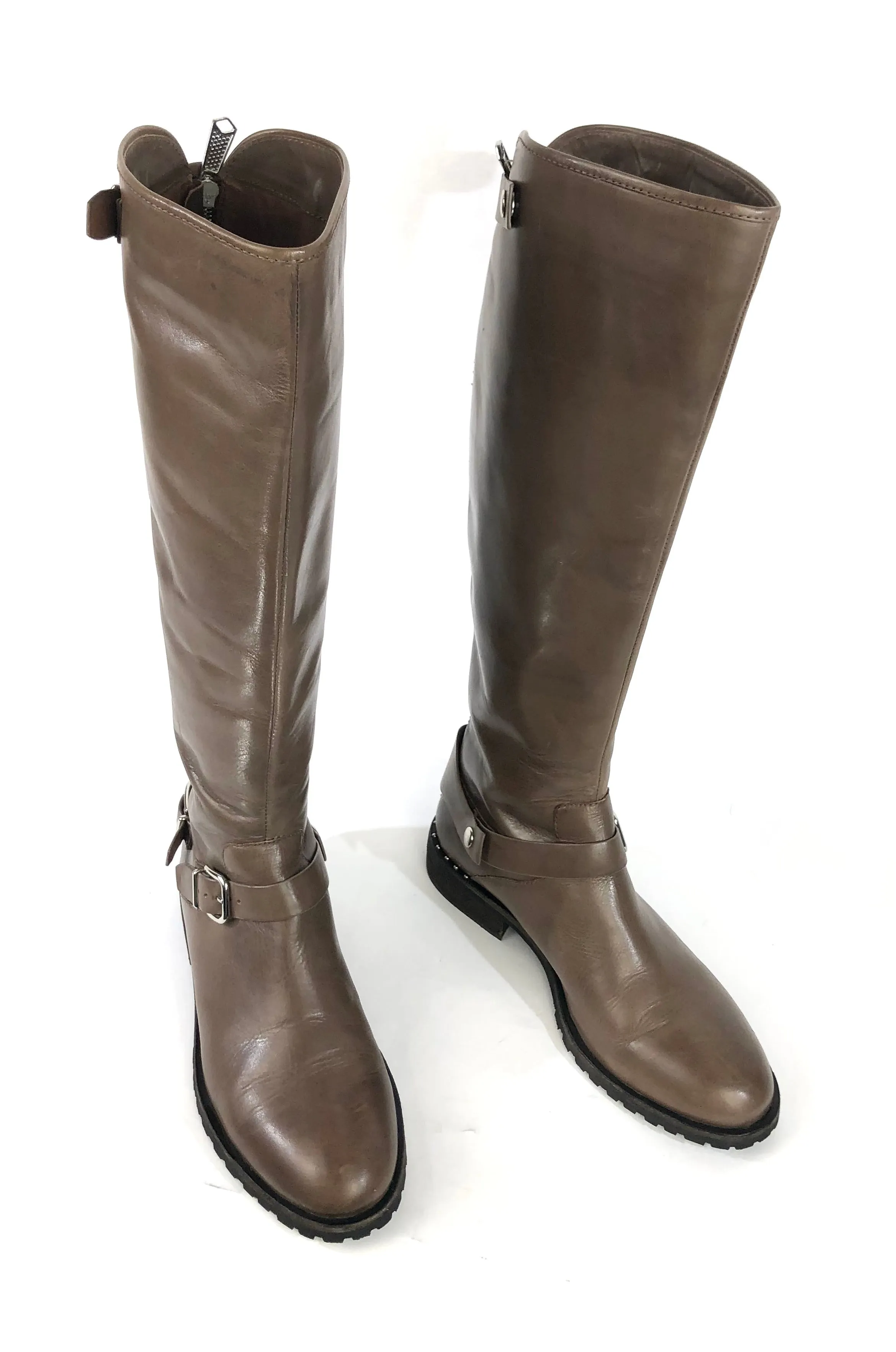 Taupe Burnished Calf Leather Riding Boots | Size 10
