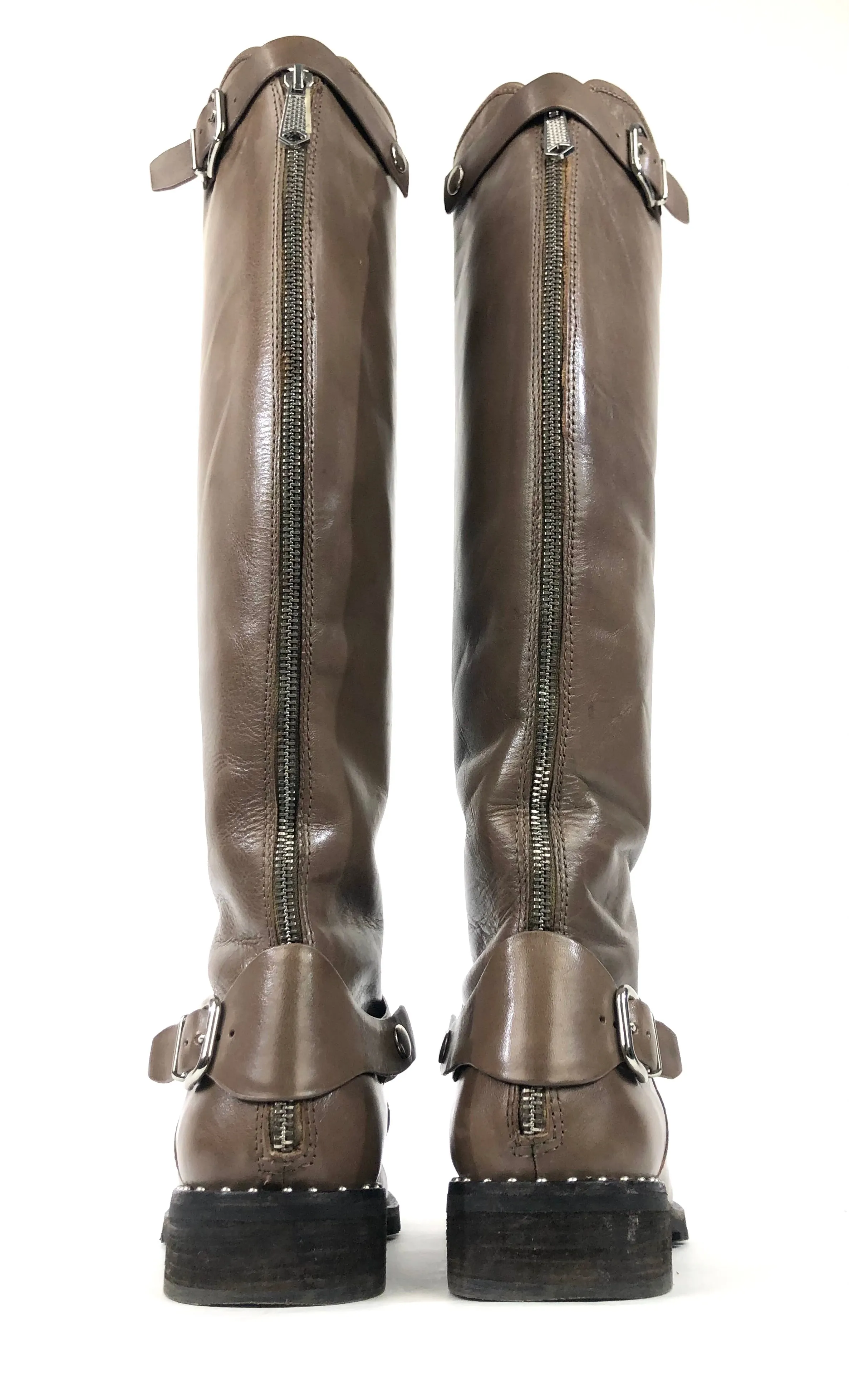 Taupe Burnished Calf Leather Riding Boots | Size 10
