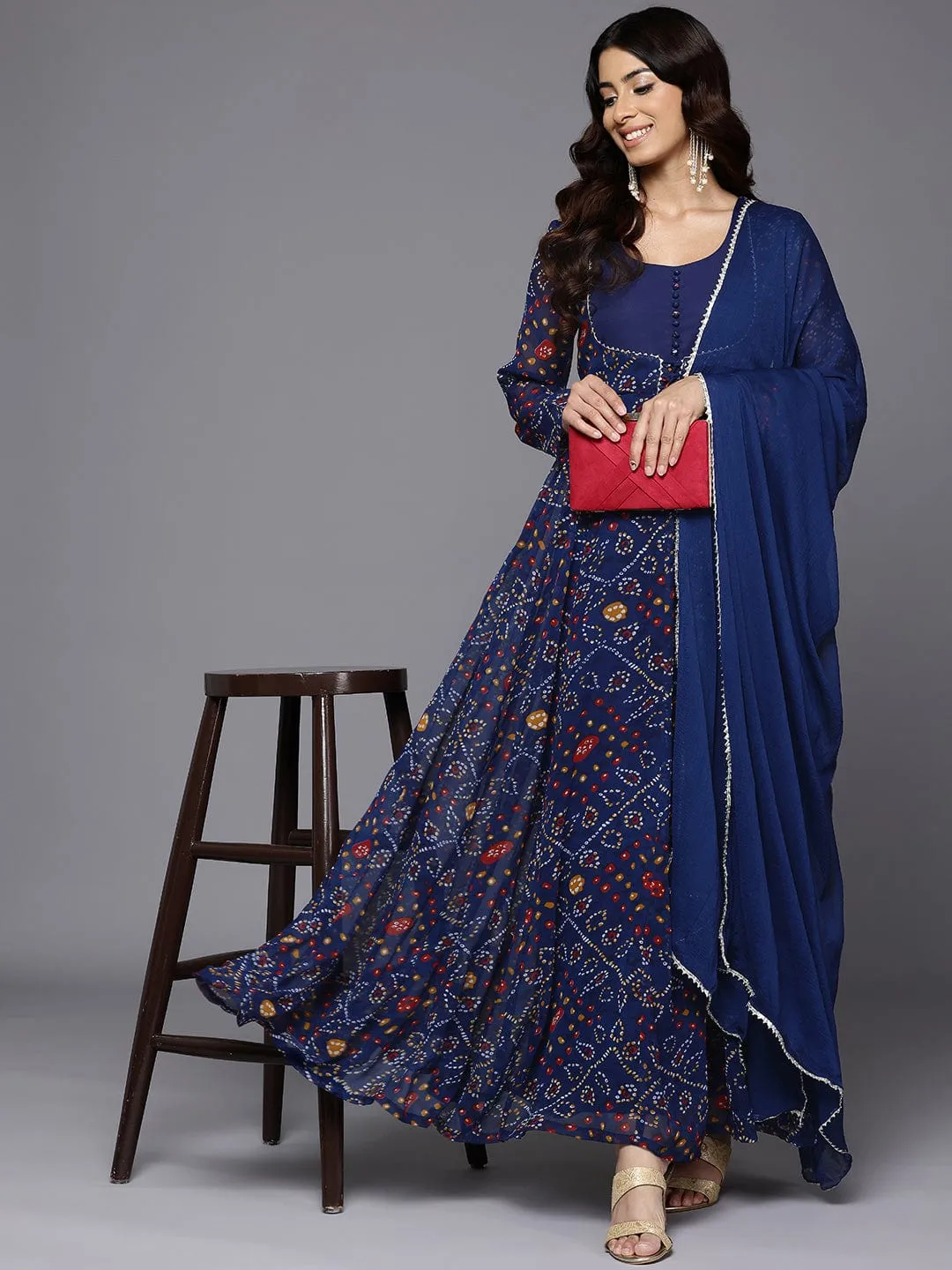 Varanga Women Bandhani Print With Gota Lace Embellished Anarkali Kurta With Dupatta