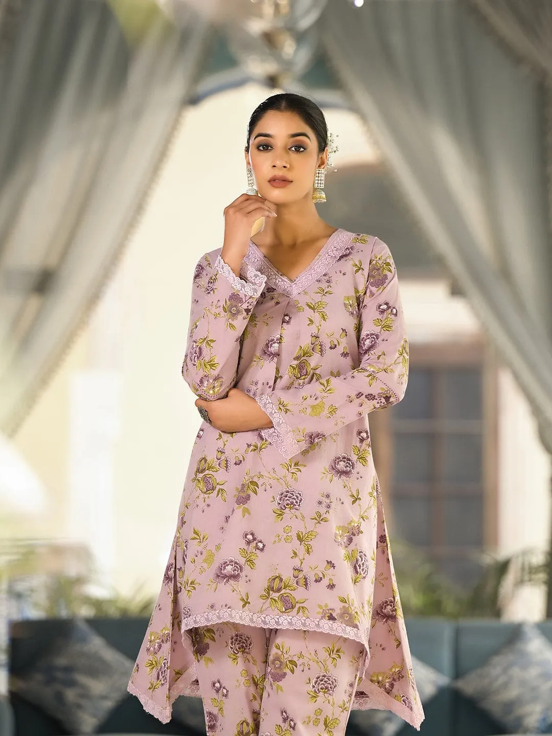Varanga Women Floral Printed V-Neck Lace Detailed Asymmetric Tunic Paired With Tonal Bottom