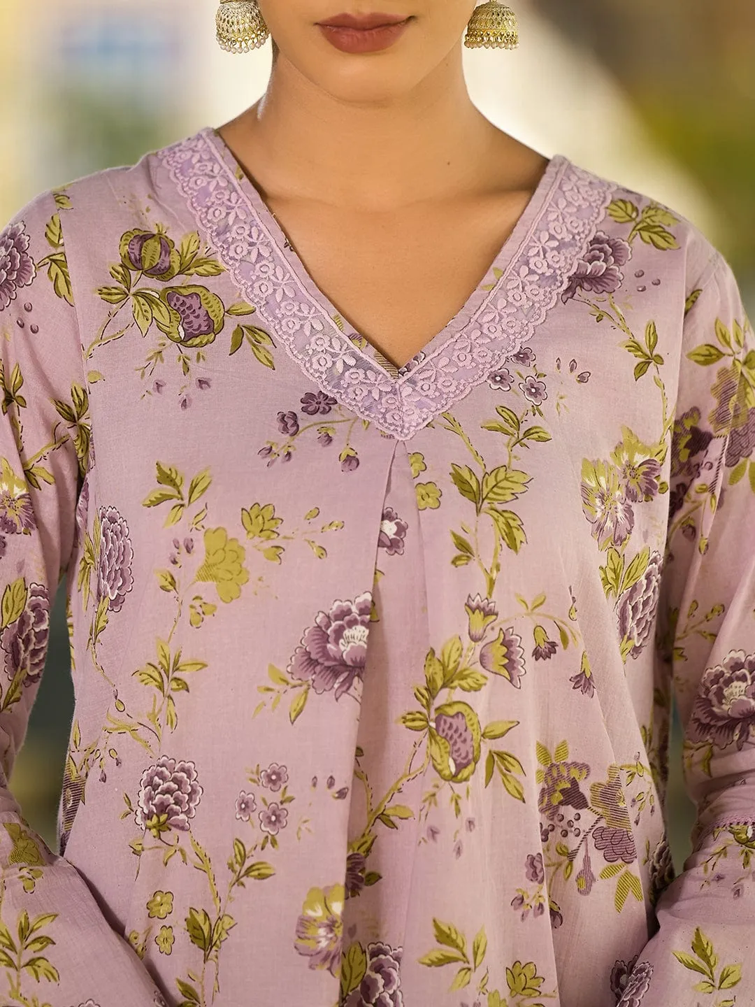 Varanga Women Floral Printed V-Neck Lace Detailed Asymmetric Tunic Paired With Tonal Bottom