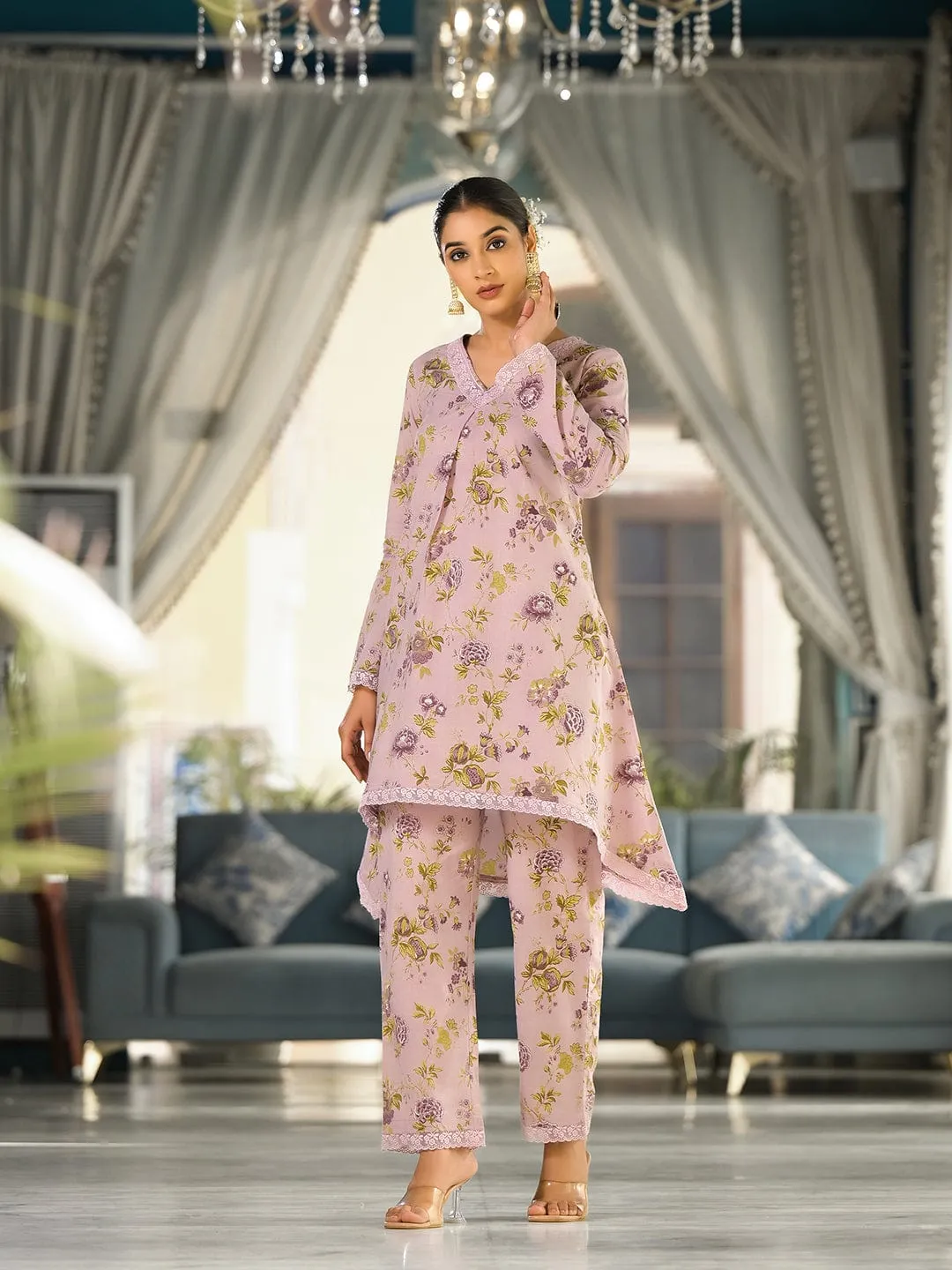 Varanga Women Floral Printed V-Neck Lace Detailed Asymmetric Tunic Paired With Tonal Bottom