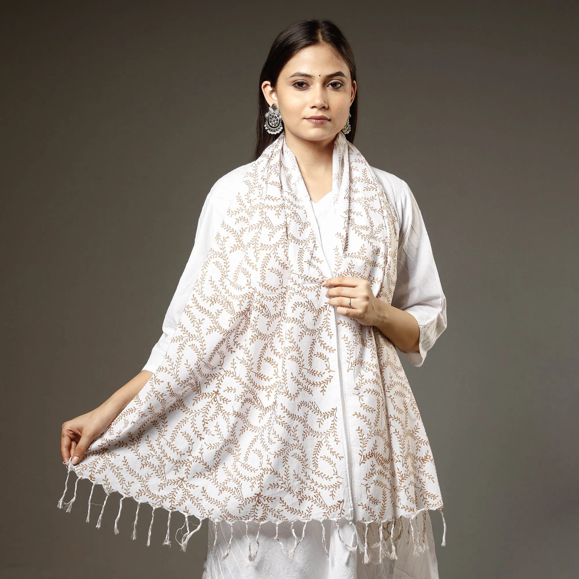 White with Brown Lianas Sanganeri Block Printed Cotton Stole with Tassels 01