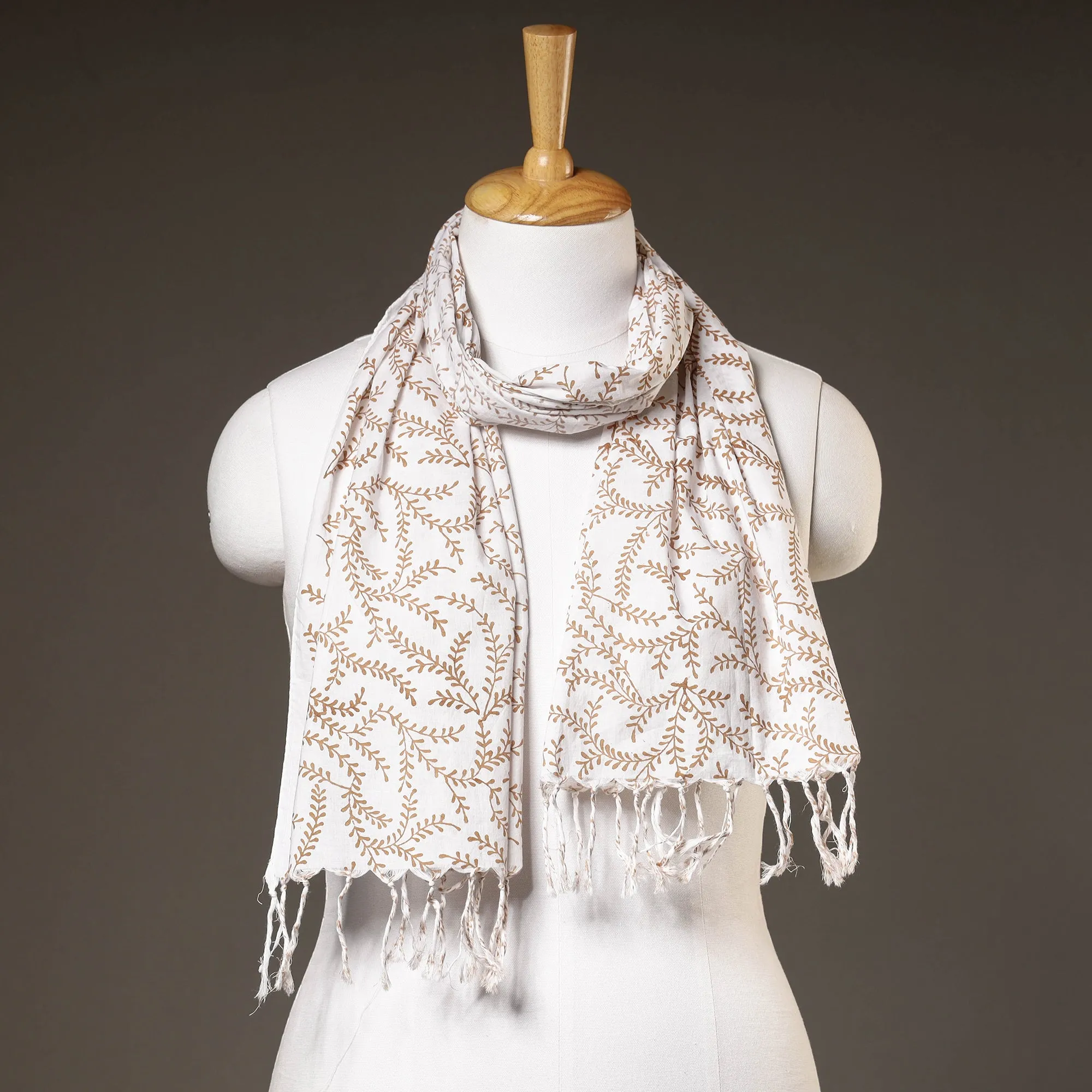 White with Brown Lianas Sanganeri Block Printed Cotton Stole with Tassels 01
